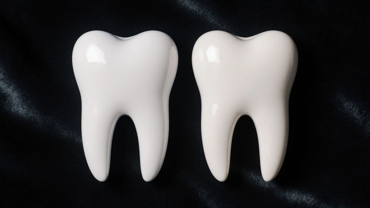Two ceramic dental crowns displayed side by side, showcasing different material textures.