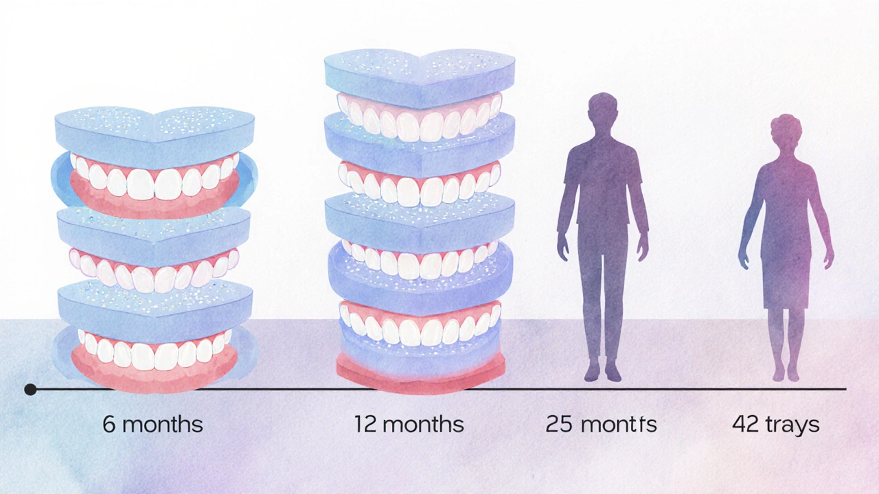 Vizualizace tří dob léčby Invisalign: 6, 12 a 24 měsíců s různým počtem rovnátek vedle postav dítěte, dospělého a staršího.