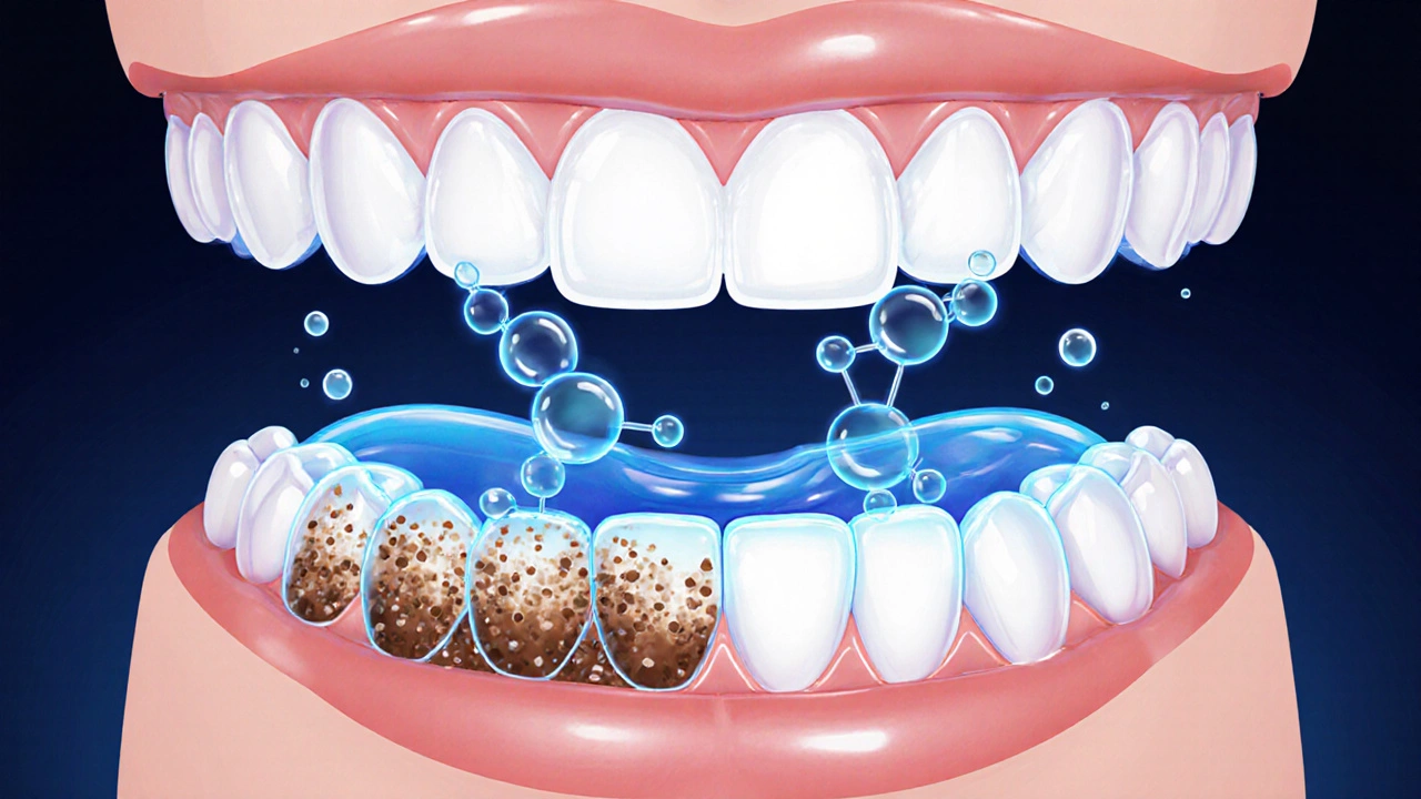 Vnitřní chemický proces bělení zubů: molekuly peroxidu rozkládají pigmenty uvnitř skloviny.