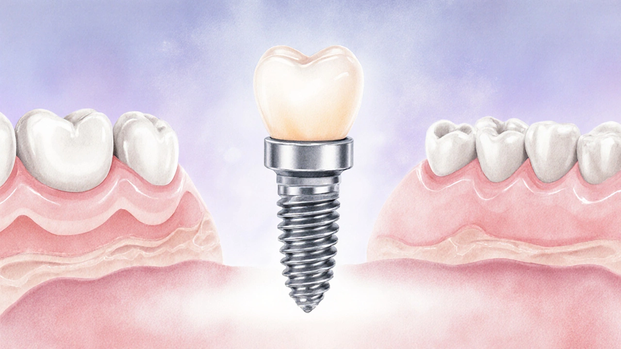Vodové kreslení tří částí zubního implantátu s přirozeně se napojující kostí a dásní.