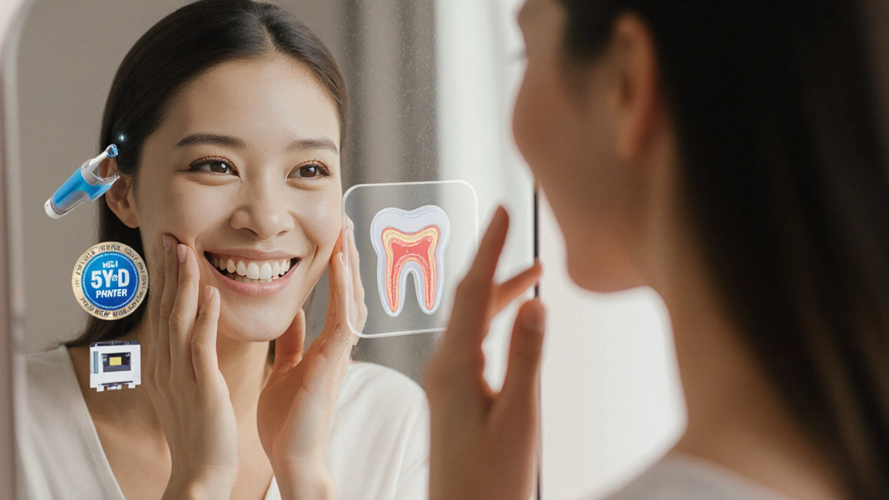 Woman admiring her smile with transparent overlay revealing a ceramic crown inside her tooth.