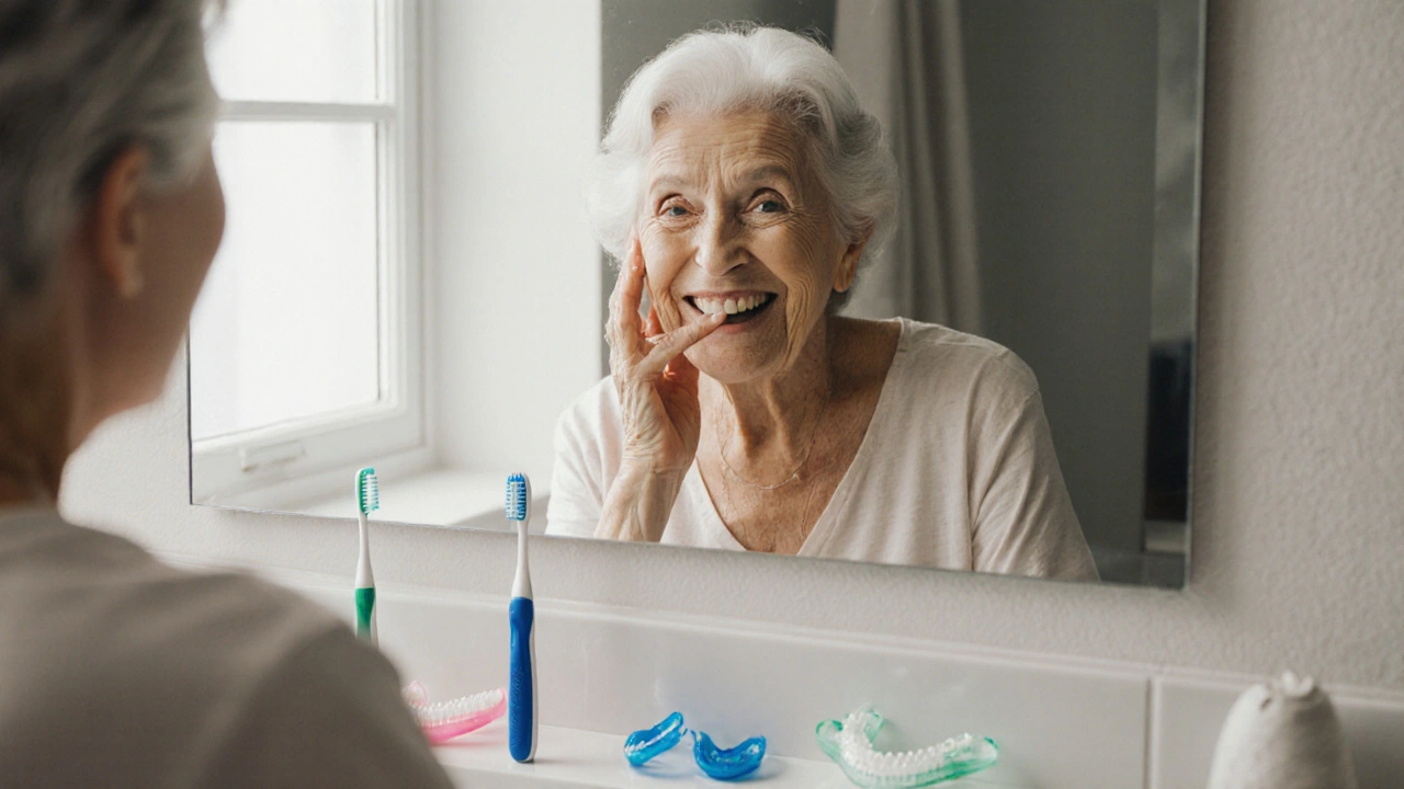 Žena se dívá do zrcadla, vedle ní jsou zubní kartáček, nit a noční štětice.