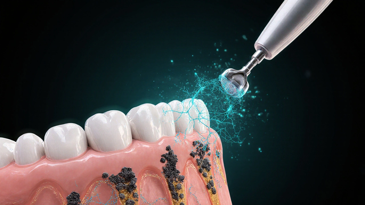 Zirkonová korunka s bakteriálním nánosem pod dásní a ultrazvukovým čištěním