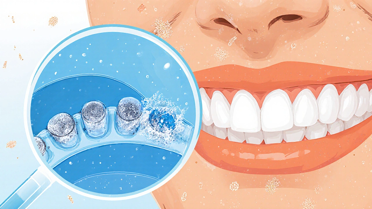 Zvětšený pohled na bakteriální biofilm na nečistém rovnátku vs. čisté rovnátko.