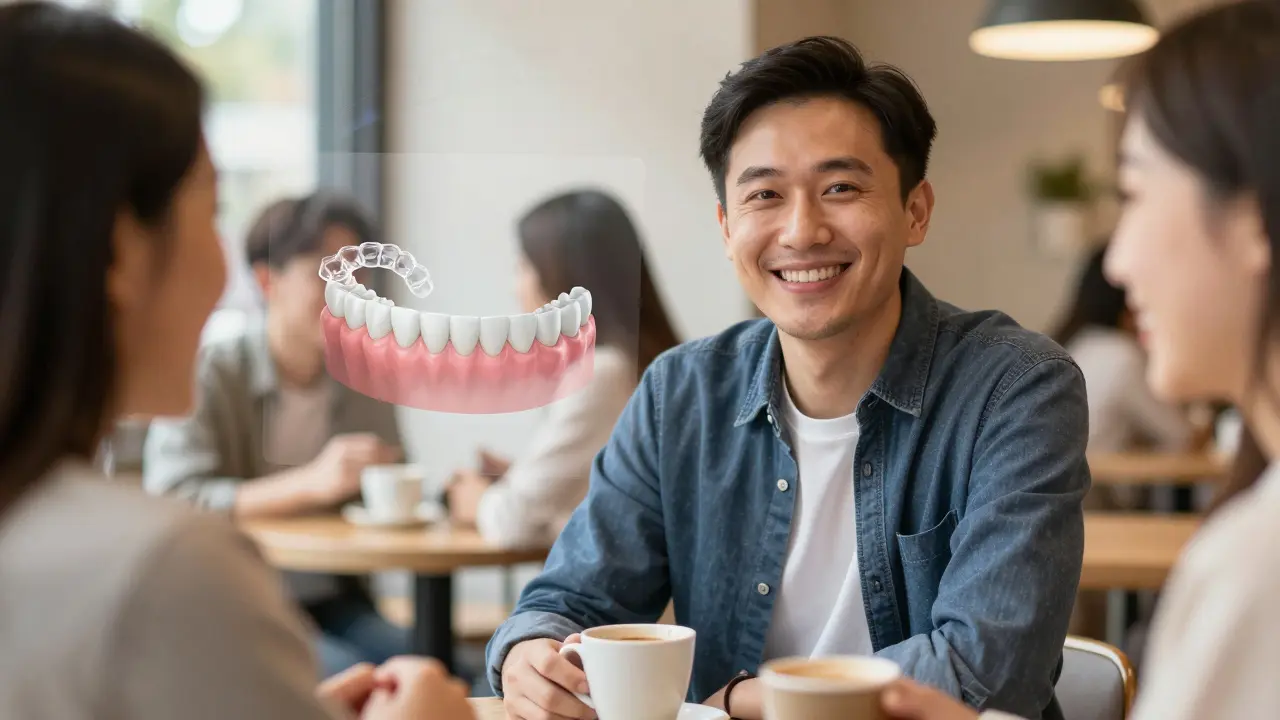 Adult smiling confidently with clear aligners while enjoying coffee with friends.
