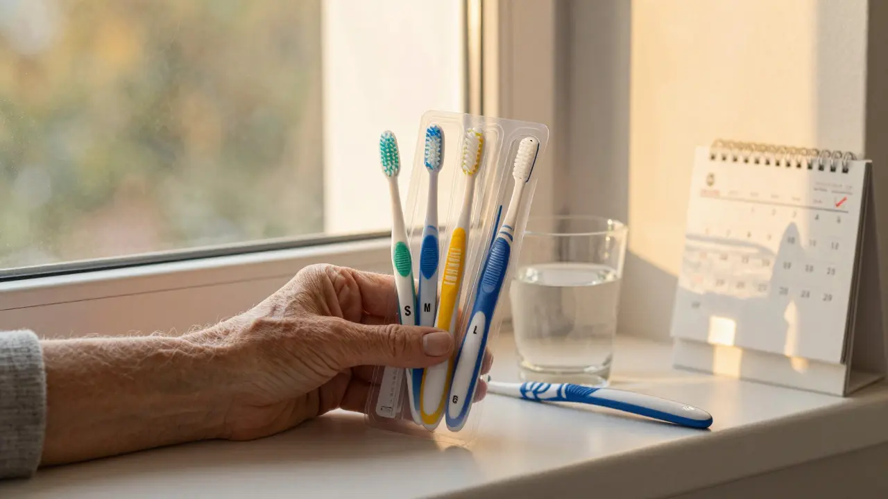 Balíček mezizubních kartáčků na okně s toothbrushem a denní značkou.