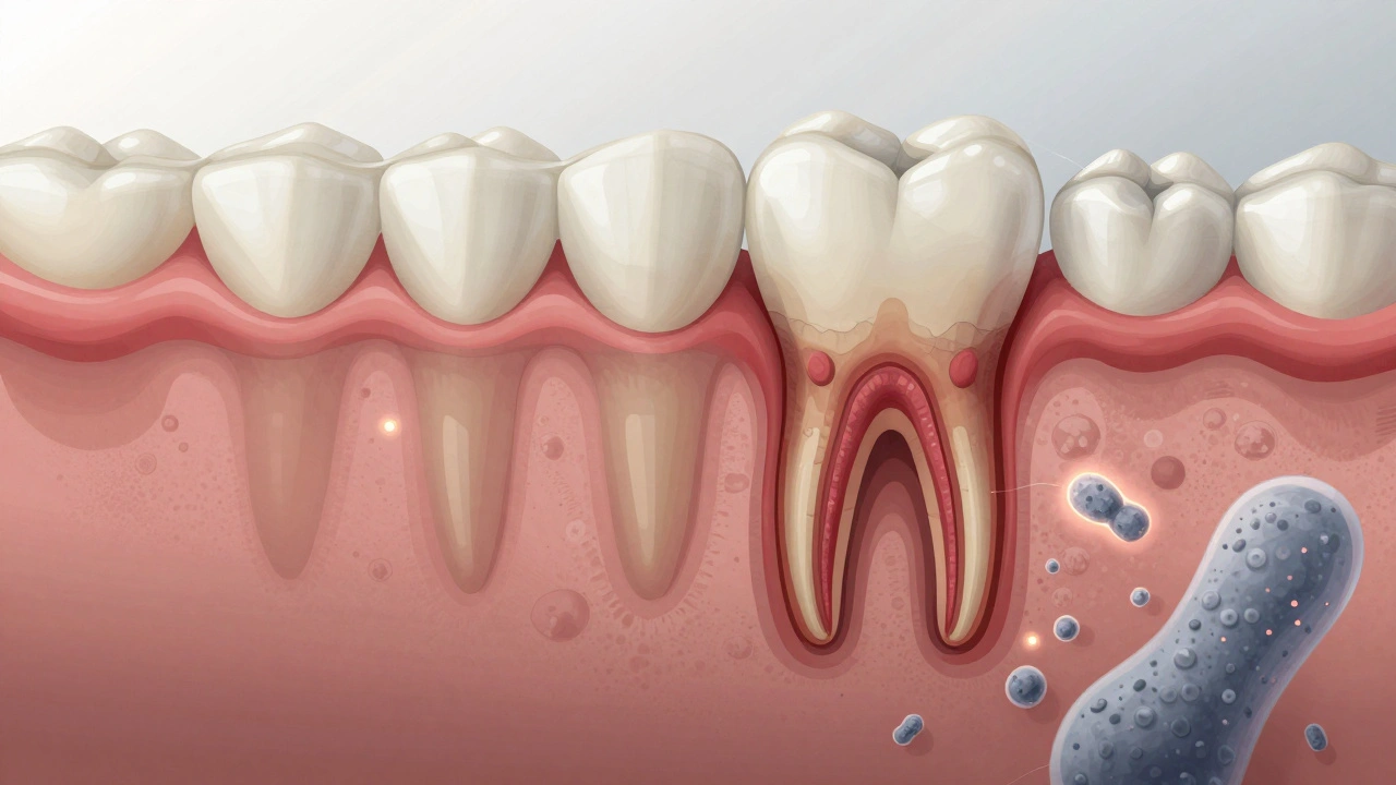 Cross-section of a tooth showing decay progressing from enamel to pulp.