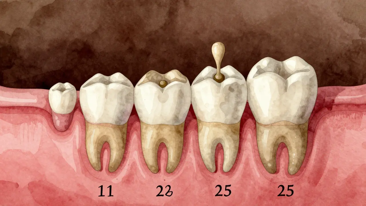 Cross-section of jaw showing wisdom teeth developing over time from buds to fully formed molars.