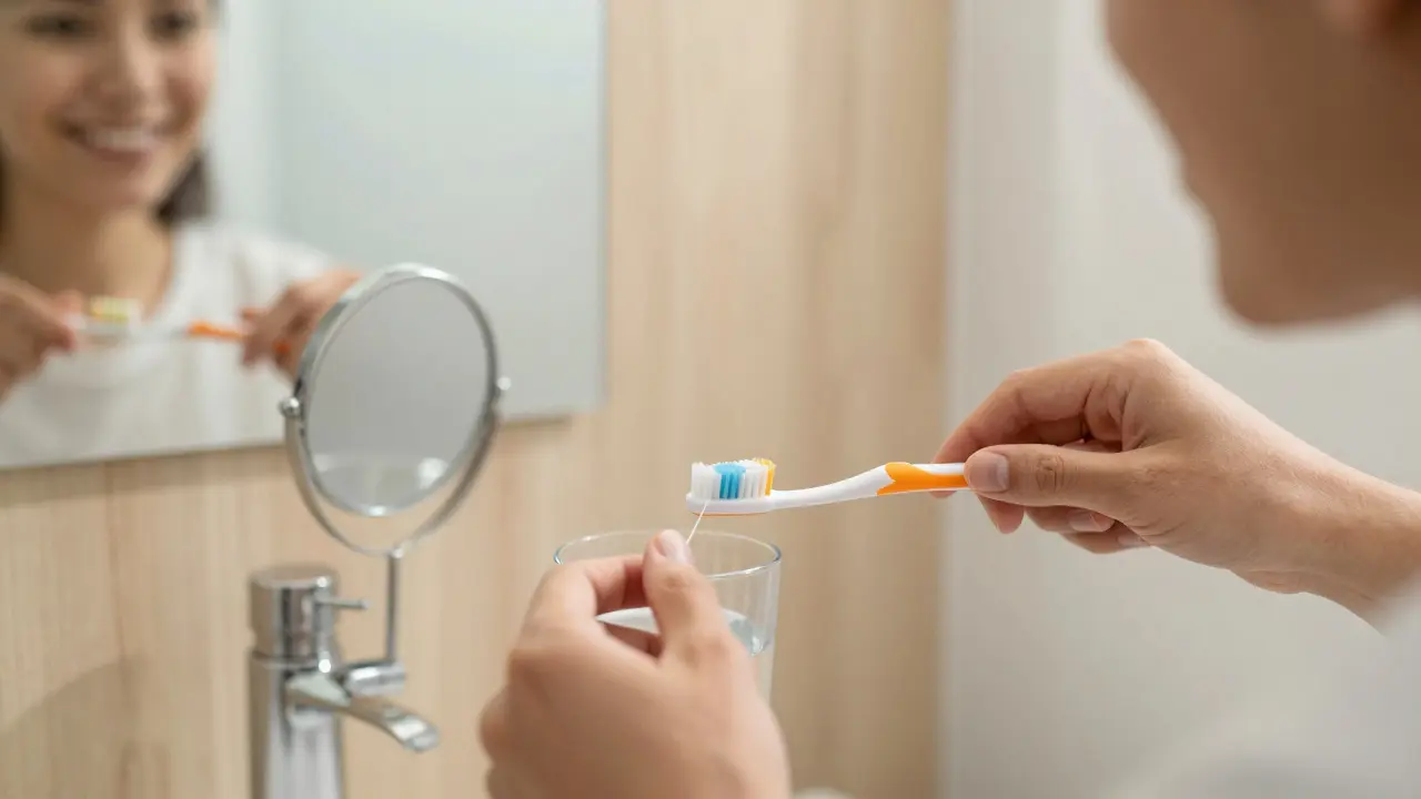 Denní péče o zuby: čištění, nitě a pití vody pro prevenci kamene.