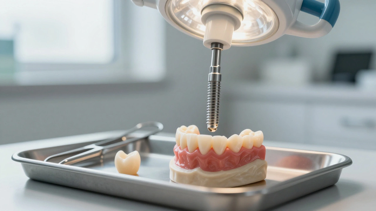 Dental implant being placed into jawbone with ceramic crown nearby.