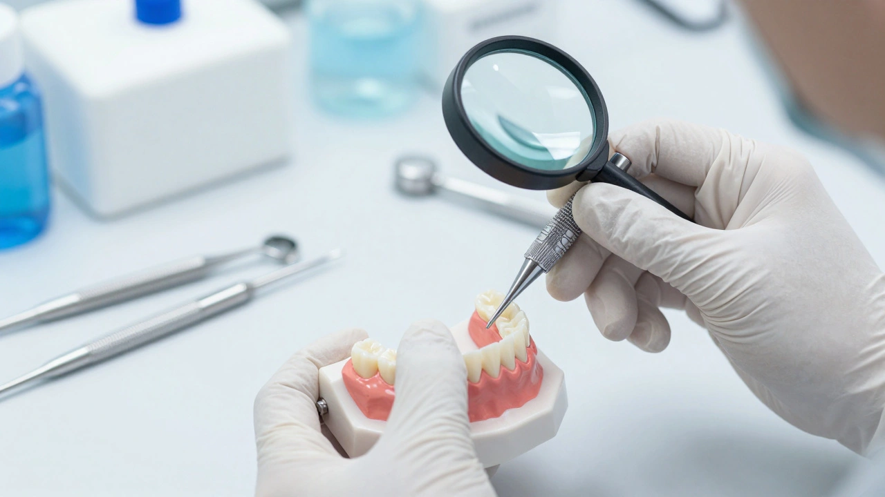 Dentální technik připevňuje keramickou fazetu na model zubu v laboratoři s přesnými nástroji.