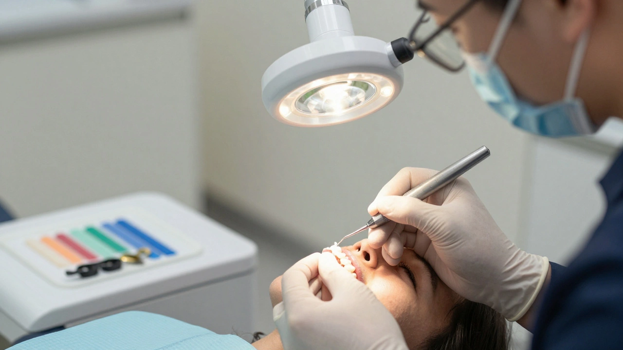Dentista připevňuje keramickou fazetu na zub s přesnými nástroji v klinice.