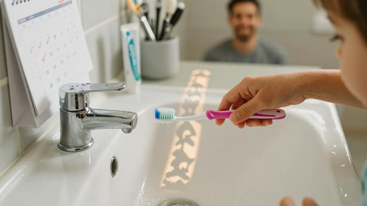 Dítě a dospělý společně čistí zuby, ruce se dotýkají, na pozadí kalendář s označenými dny.