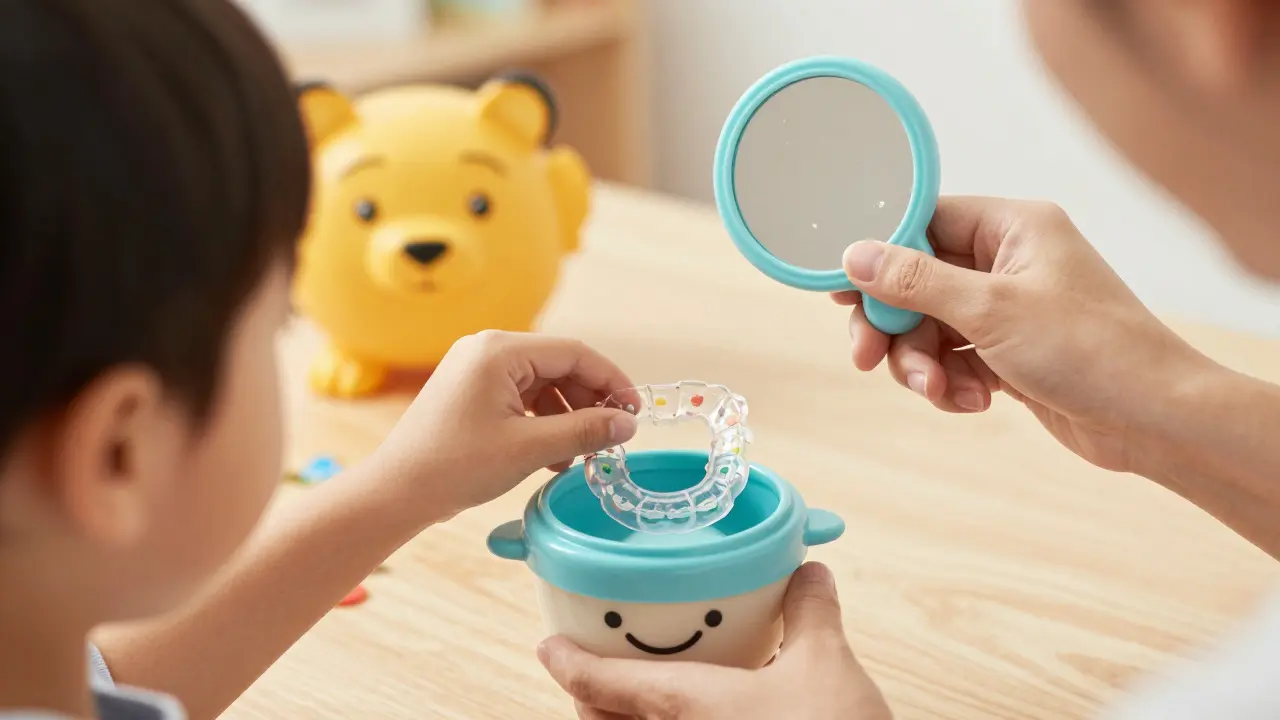 Dítě ukládá barevné rovnátka do speciální nádoby pod dohledem rodiče.