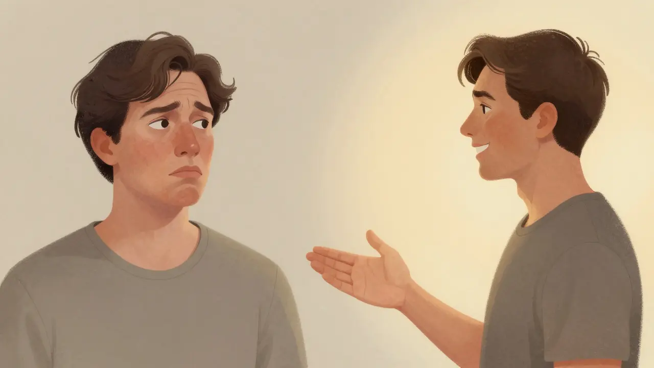 Dvě verze téže osoby: jedna nejistá, druhá plná sebedůvěry.