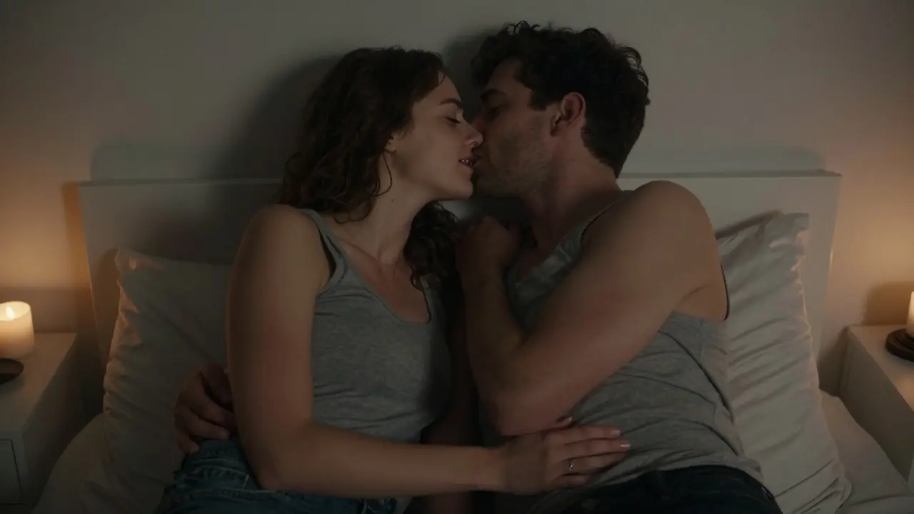 Dvojice se navzájem líbá v tichosti pokoje.