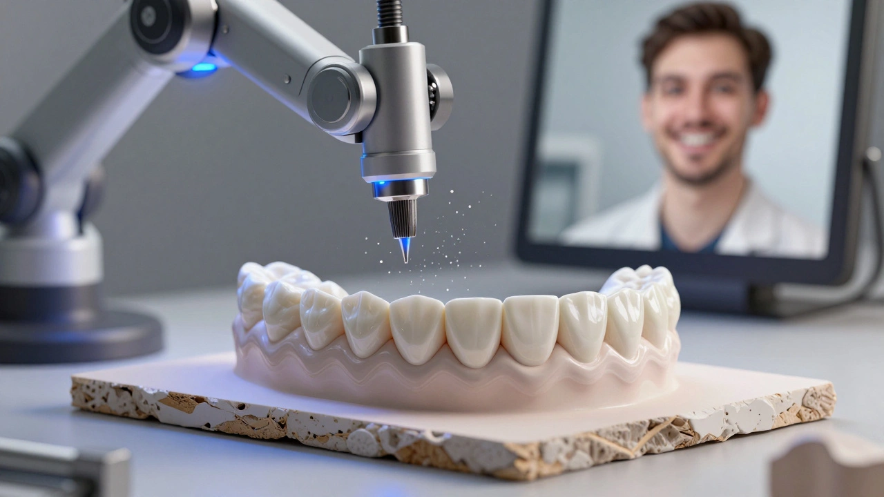 Keramické fazety jsou vyrobeny robotem, zatímco zrcadlo odráží spokojenou osobu.