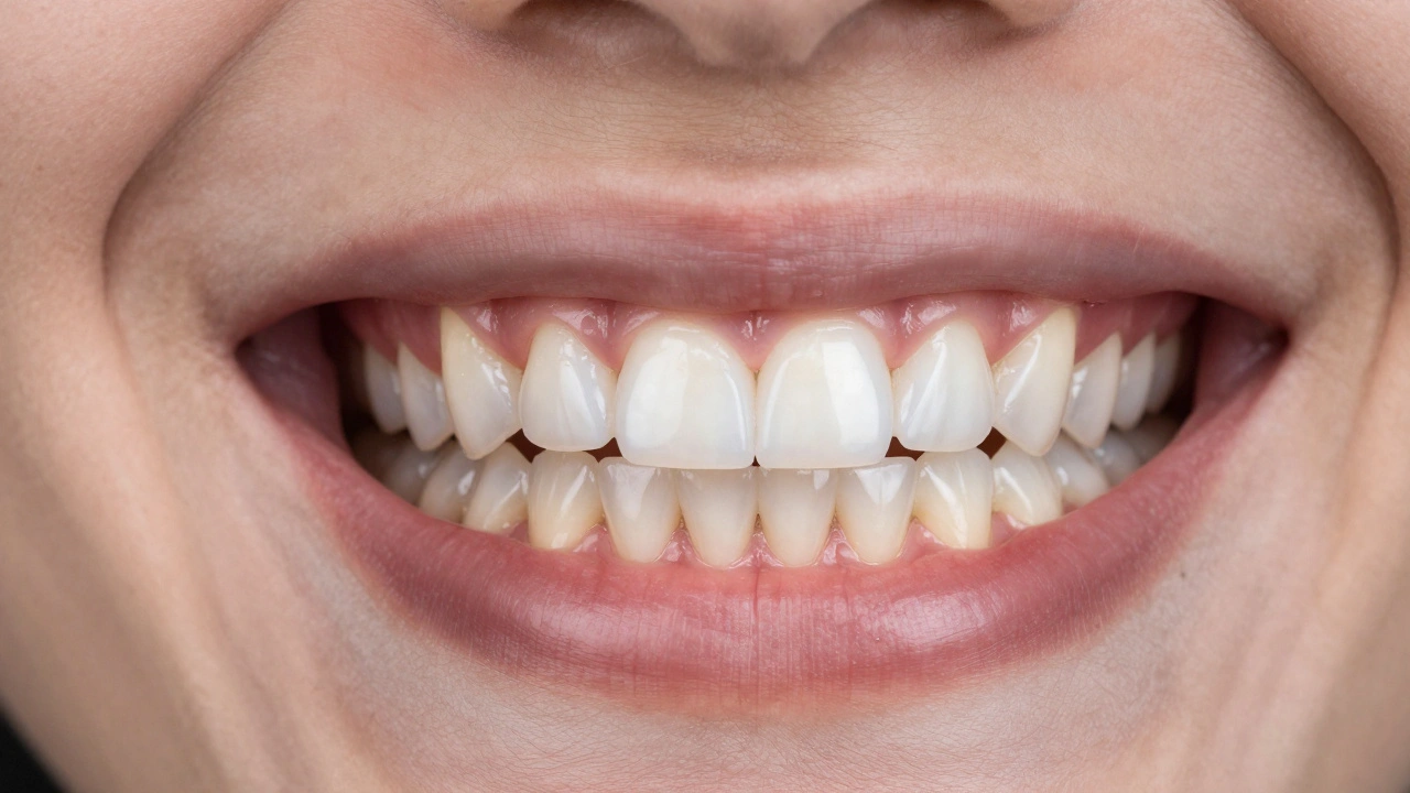 Konceptuální obrázek zubního můstku s viditelnou vnitřní strukturou mezi zdravými zuby.