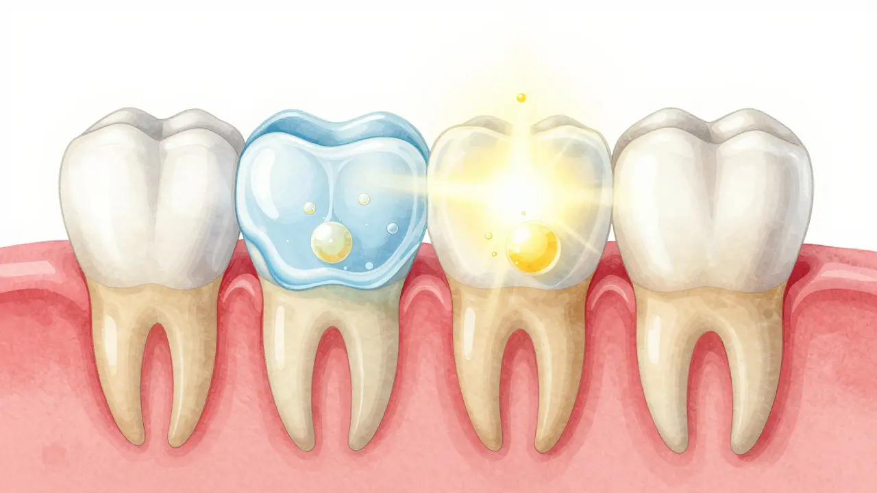 Křížový řez zubu ukazující, jak bělící gel rozkládá žluté pigmenty uvnitř skloviny.