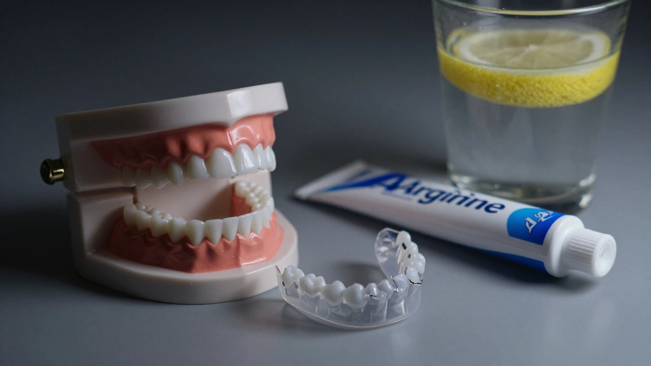 Ochranné noční štítky a zubní pasta vedle modelu zubů, symbolizující prevenci.