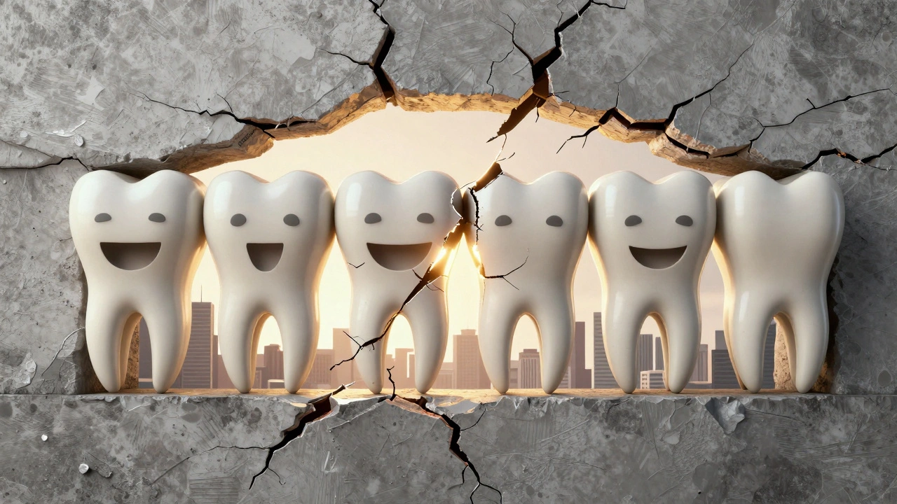 Osm předních zubů tvoří rozbitou archu nad městem, symbolizující ztrátu sebevědomí.