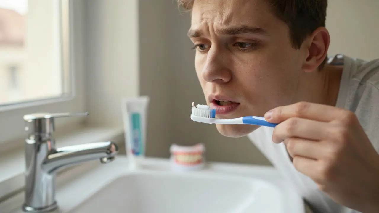 Osoba čistí zuby měkkým kartáčkem s fluoridovou pastou