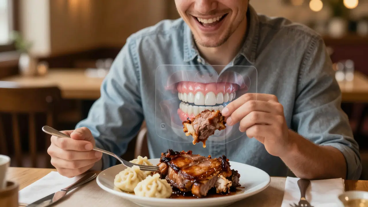 Osoba jí v restauraci, s průhledným zobrazením obnoveného chrupu pod obličejem.