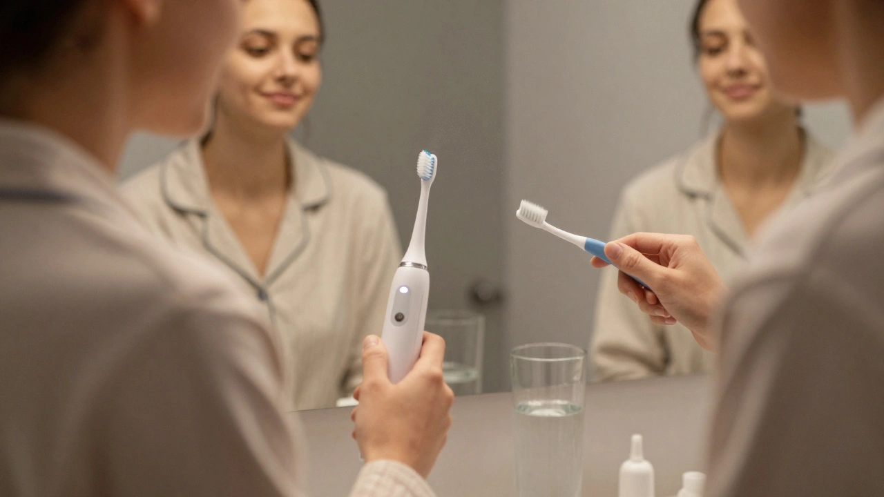 Osoba používající ultrazvukový čistič zubů večeří před zrcadlem v domácím prostředí.