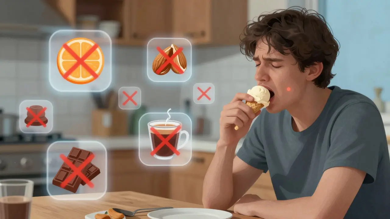 Osoba zastavěná při jídle zmrzliny, kolem ní potraviny, které vyhýbá.