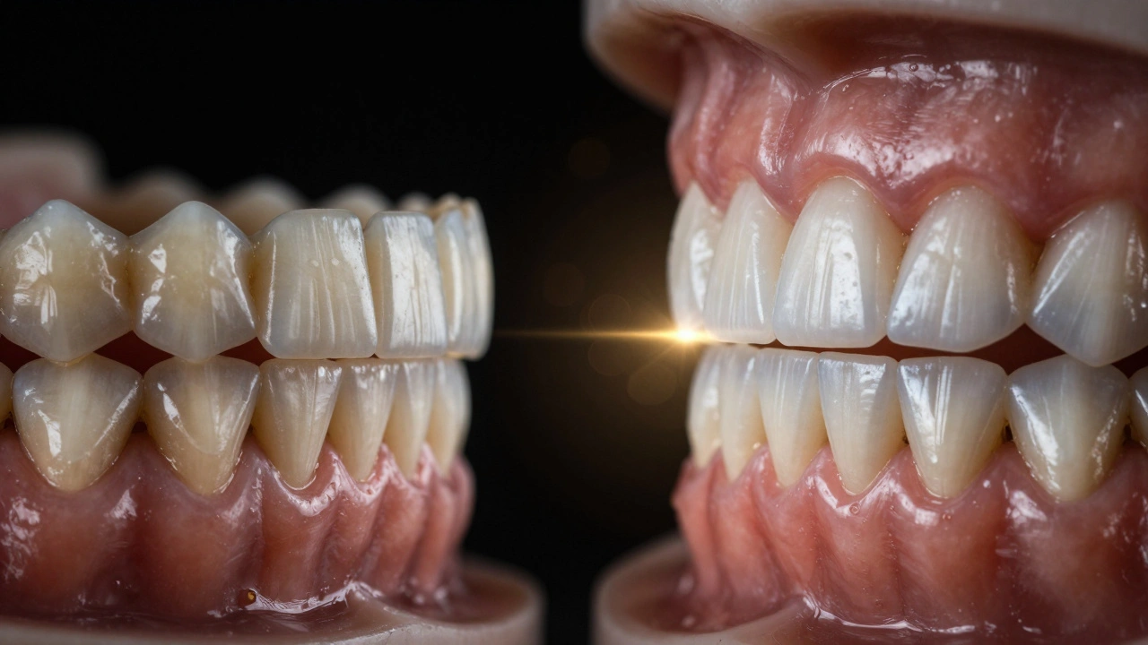 Porovnání špinavých a dokonalých zubů spojených zlatým světlem jako symbol sebevědomí.