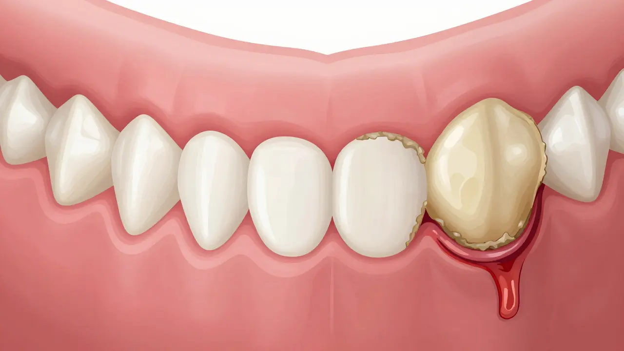 Porovnání zdravých zubů s kamenem a zánětem dásní.