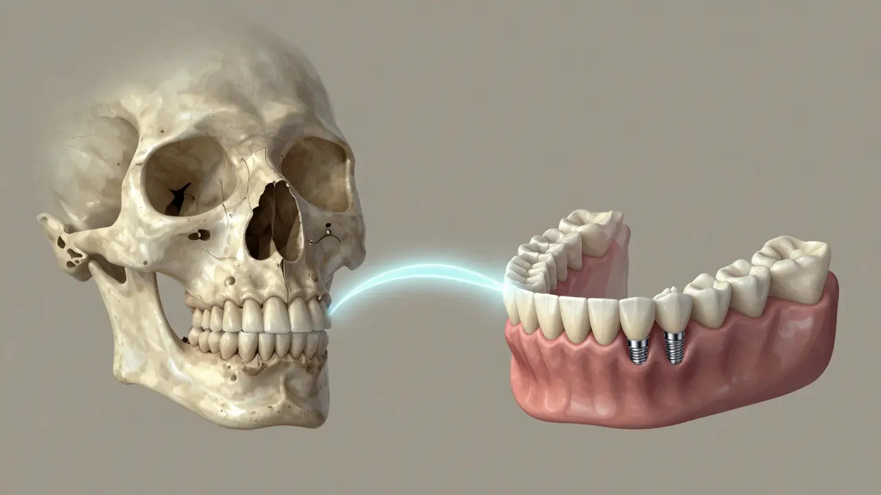 Postupné obnovování kosti čelisti s implantacemi ztracených zubů.