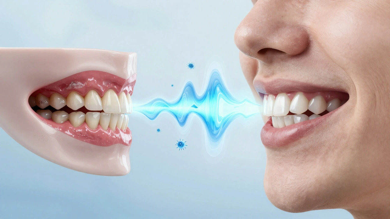 Přechod zubů od zubního kamene k čistému zubnímu povrchu pomocí ultrazvukových vln.