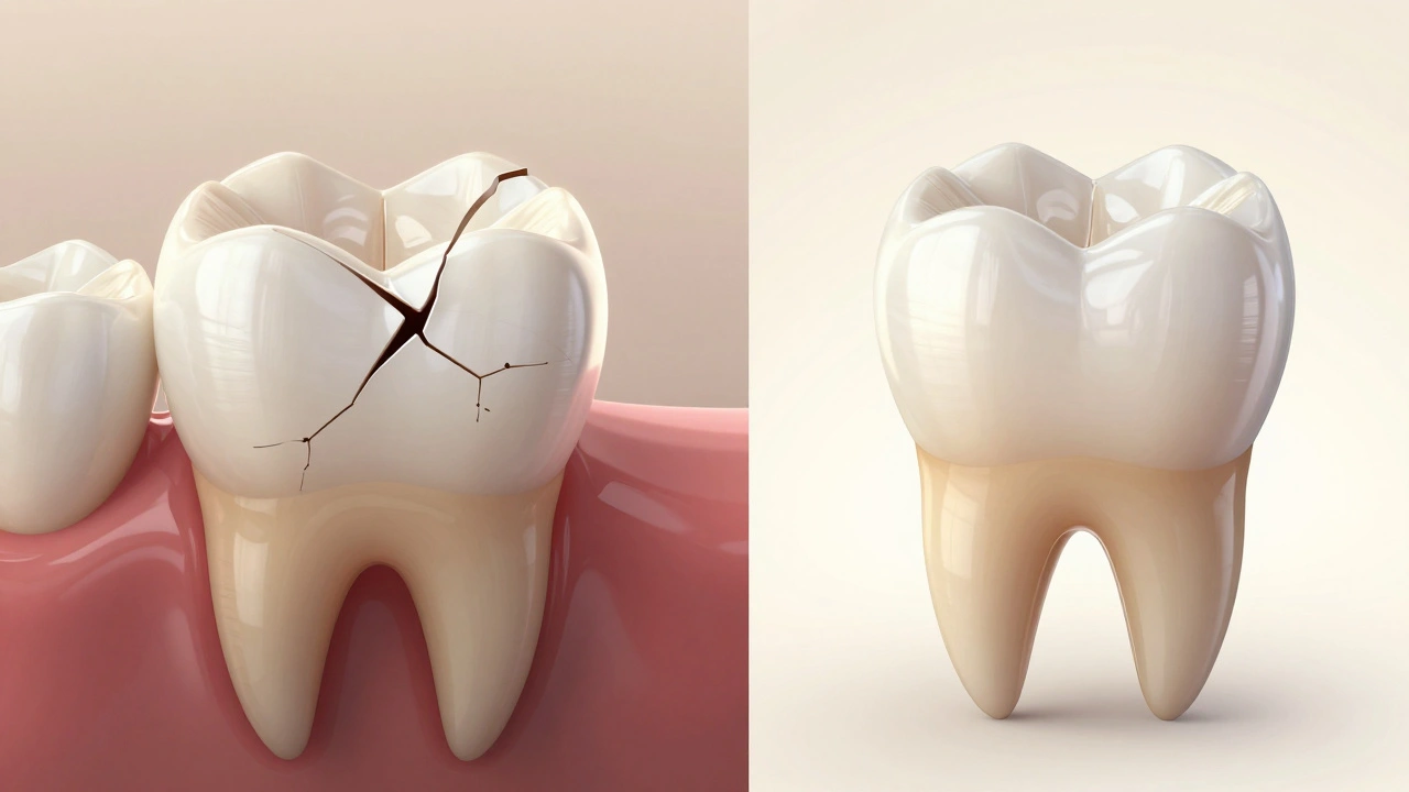 Před a po: poškozený zub a jeho estetická oprava keramickou laminátou.