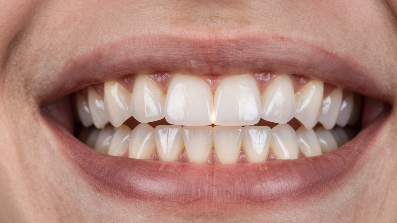 Před a po: zuby s nepravidelnostmi a barvou vlevo, dokonalé fazety vpravo s jemným světelným přechodem.