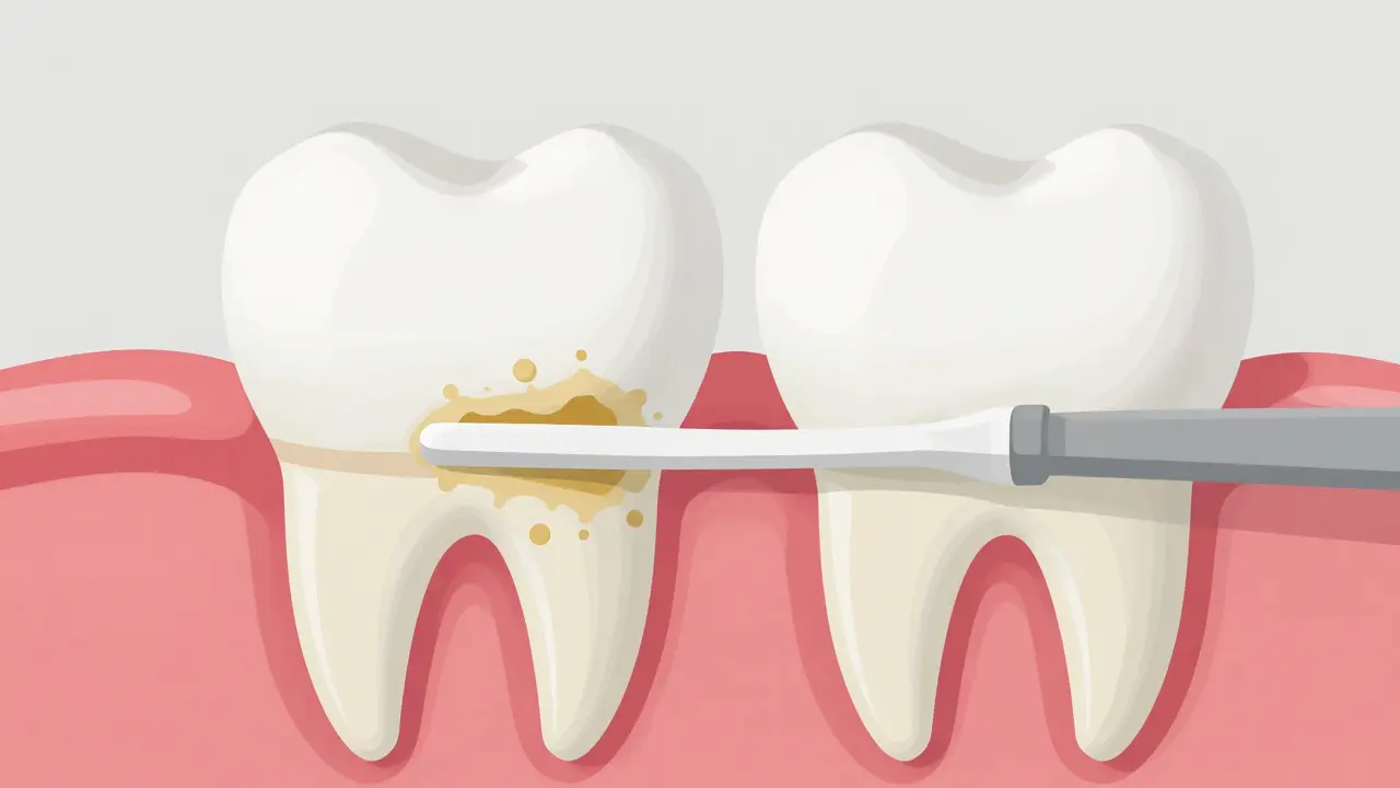 Přehledný náčrt mezizubního prostoru s kartáčkem odstraňujícím plak.