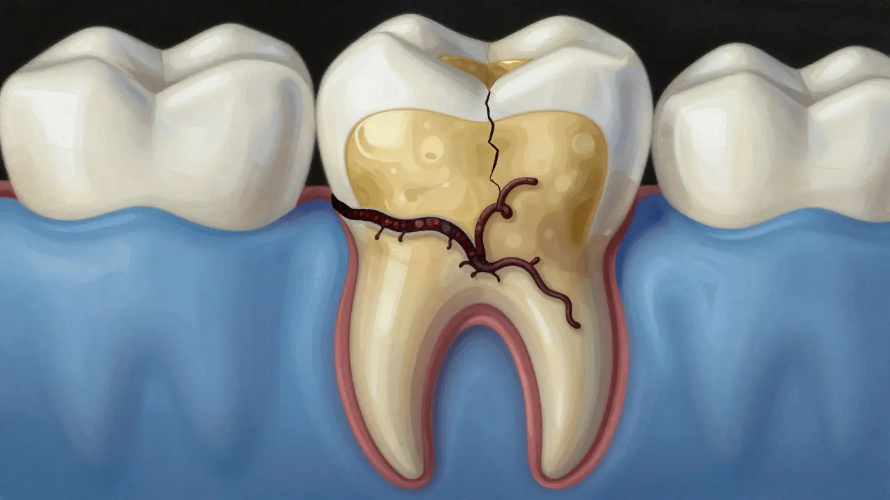 Příčný řez zubem s trhlinou sahající k nervu a bakteriemi.