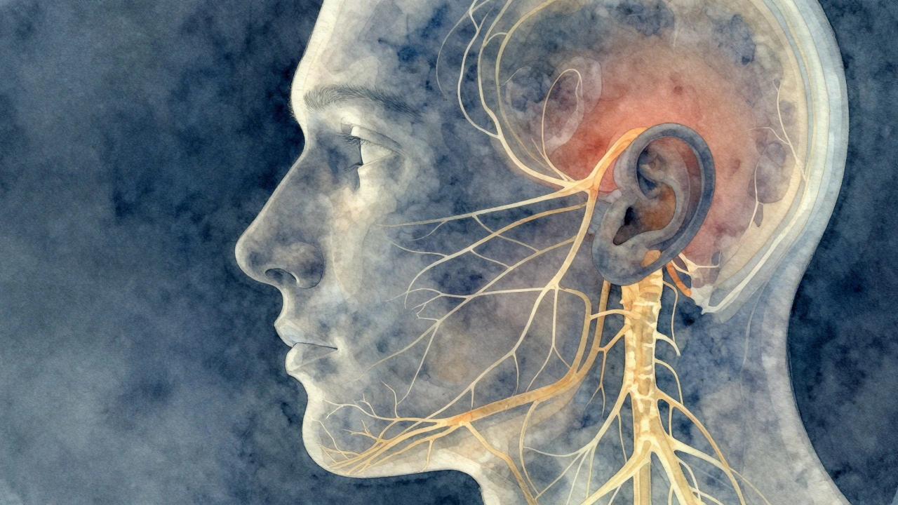 Profily obličeje s přehledem nervových cest spojujících přední zuby s hlavou.