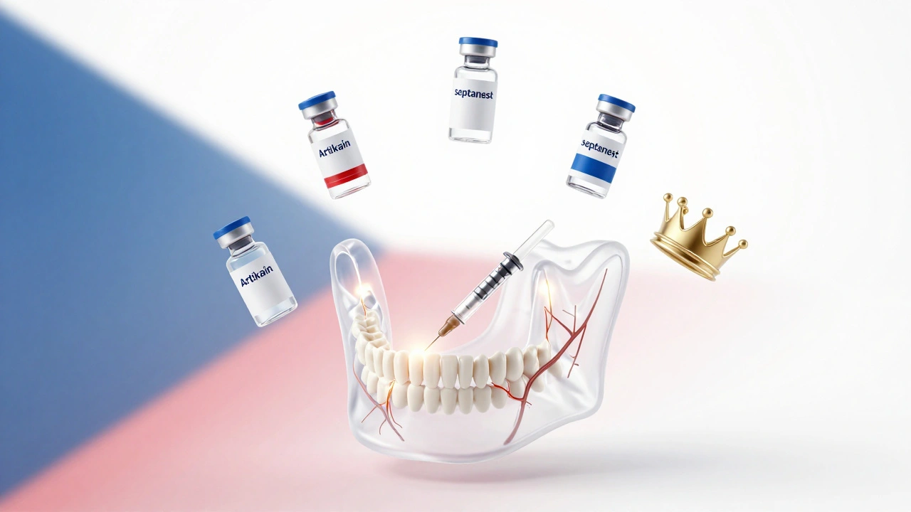 Průhledná čelist s označenými body injekce a léčivy pro zubní anestézii.