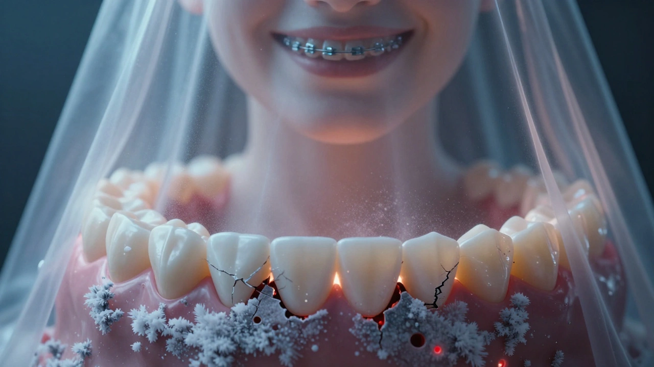 Průhledný úsměv s odstraňovanými rovnátky, kde se objeví poškození zubů