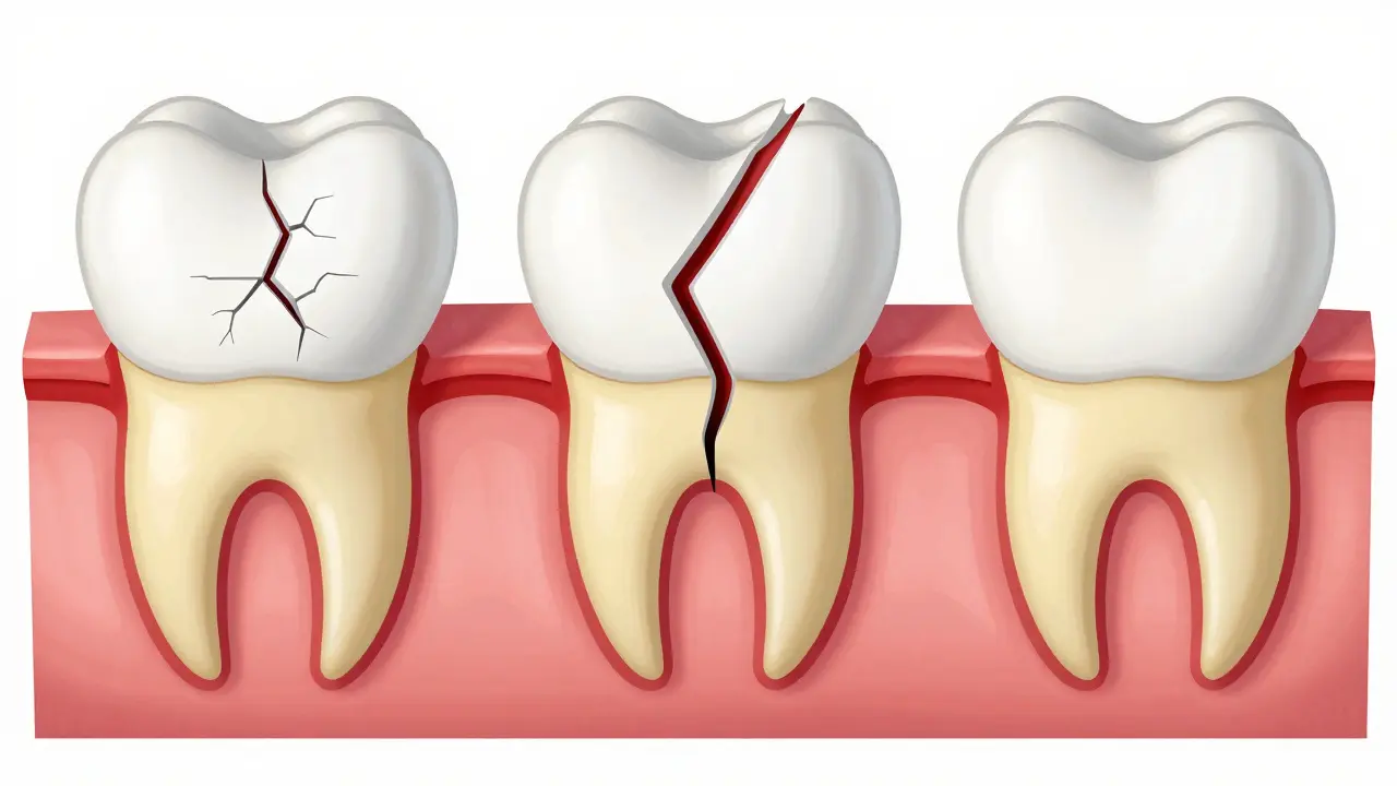 Průřez třemi typy poškození zubní skloviny s barevnými vrstvami