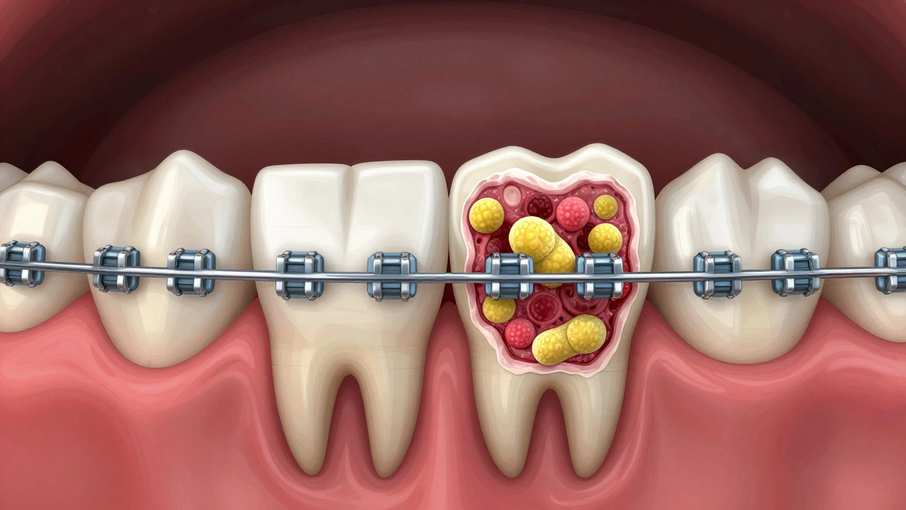 Průřez zubu pod rovnátky s bakteriálním plakem a demineralizací skloviny