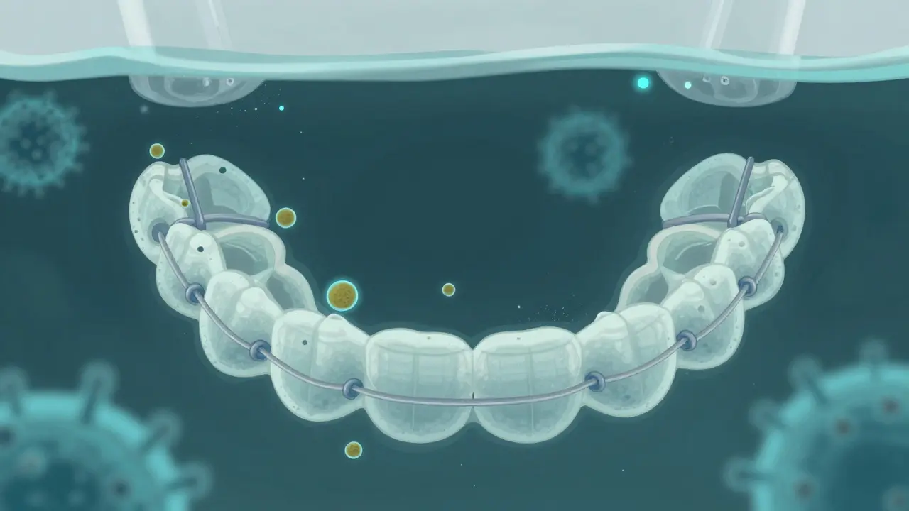 Rovnátka ponořená ve slané vodě s vizualizací bakterií rozpadajících se kolem gumek.