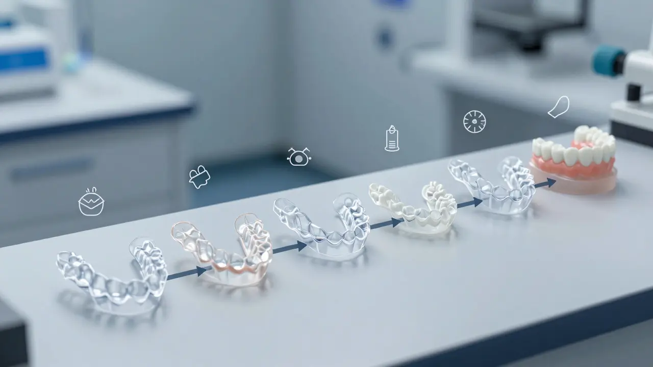 Series of transparent clear aligners being 3D printed in a clean laboratory environment.