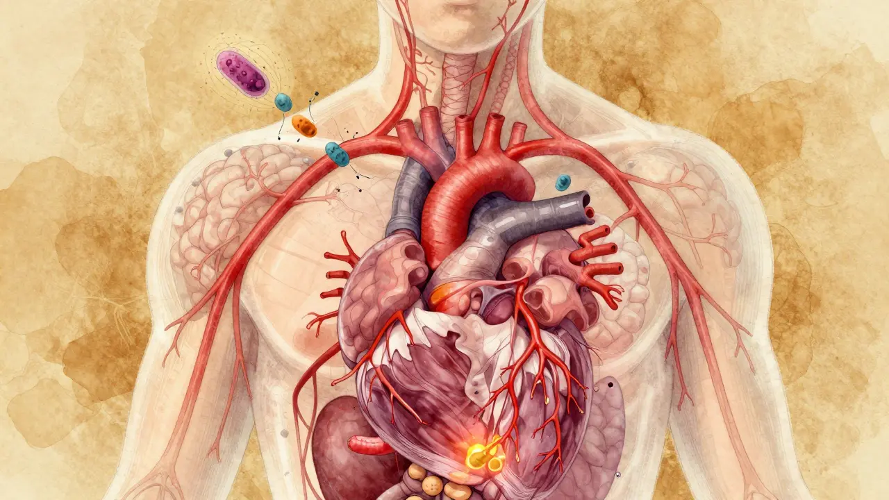 Transparenční lidské tělo s bakteriemi cestujícími z úst do srdce, mozku a slinivky.