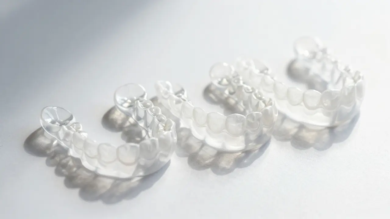 Transparent clear aligners in sequence, showing incremental changes for tooth alignment.