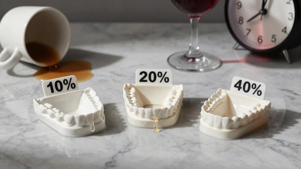 Tři zubní šnúry s různými koncentracemi gelu vedle kávy a červeného vína na mramoru.