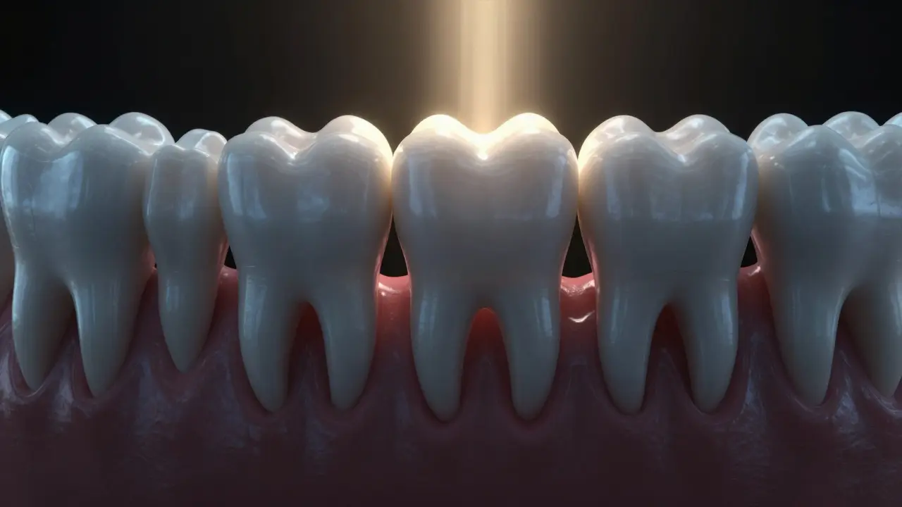 Wisdom tooth trapped under gum, pressing against adjacent teeth in crowded jaw.