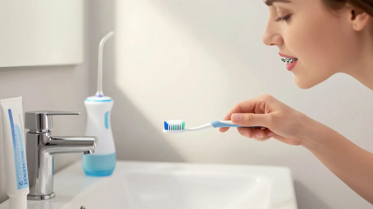 Žena čistí zuby kartáčkem a mezizubním kartáčkem s keramickými rovnátky.