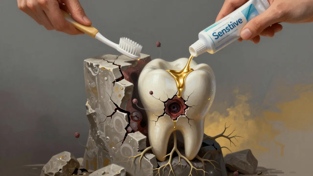 Zub jako zničený sloup, kde léčba zastavuje šíření infekce.